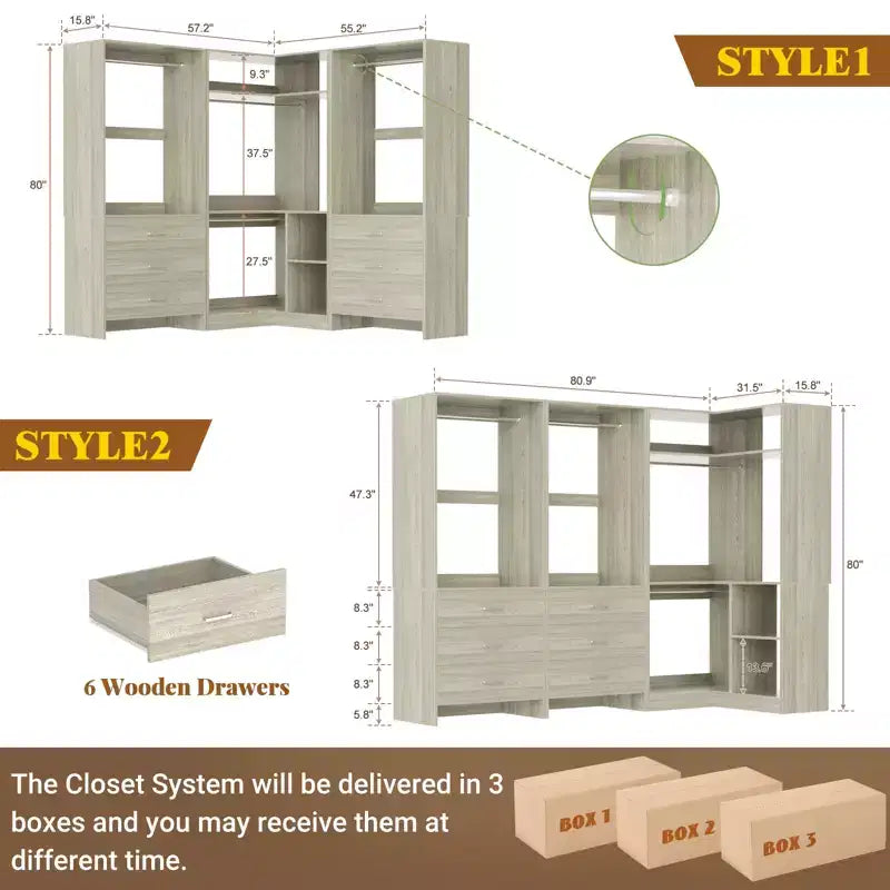 Besiost 81-In Closet System Set with Wood Drawers, Corner Closet Organizer with Hanging Rods