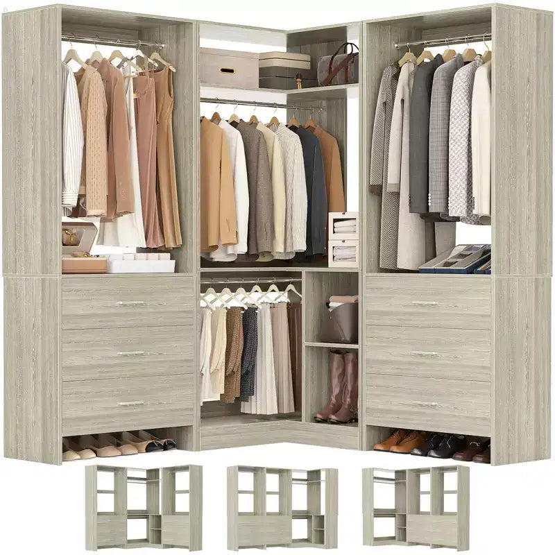 Besiost 81-In Closet System Set with Wood Drawers, Corner Closet Organizer with Hanging Rods