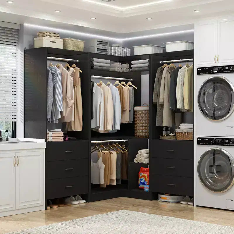 Besiost 81-In Closet System Set with Wood Drawers, Corner Closet Organizer with Hanging Rods