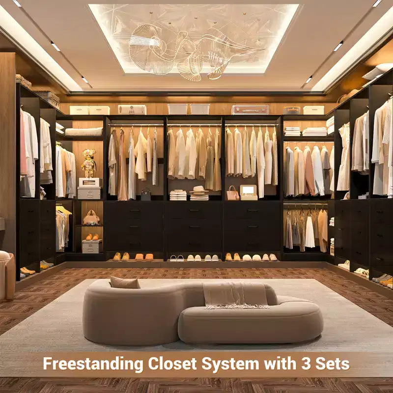 Besiost 81-In Closet System Set with Wood Drawers, Corner Closet Organizer with Hanging Rods