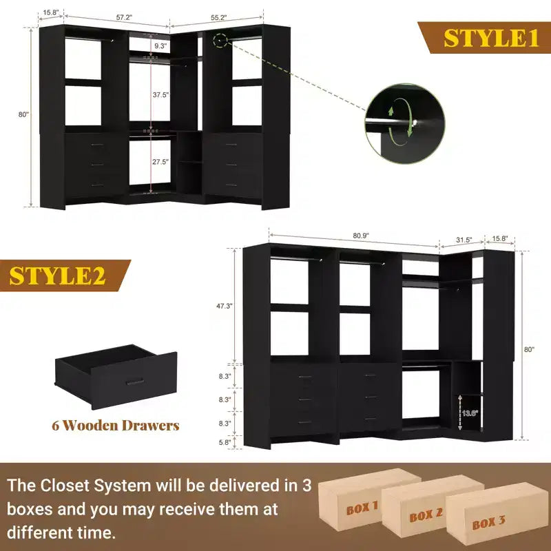 Besiost 81-In Closet System Set with Wood Drawers, Corner Closet Organizer with Hanging Rods