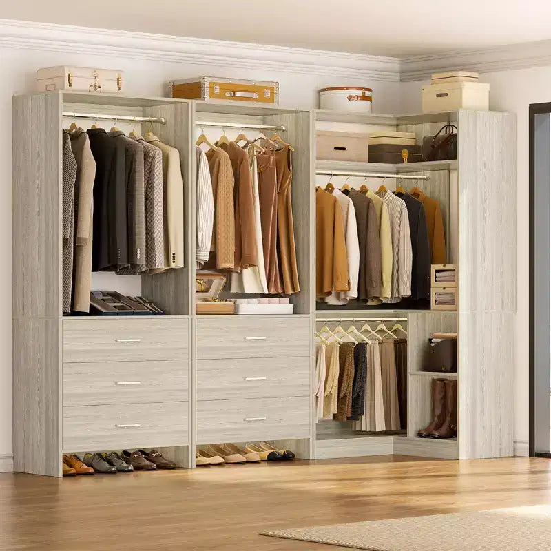Besiost 81-In Closet System Set with Wood Drawers, Corner Closet Organizer with Hanging Rods