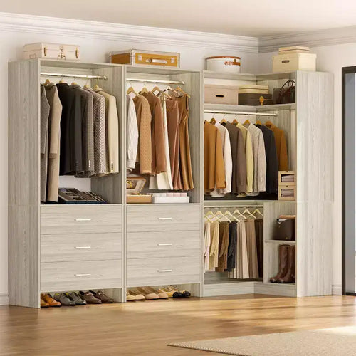 Besiost 81-In Closet System Set with Wood Drawers, Corner Closet Organizer with Hanging Rods