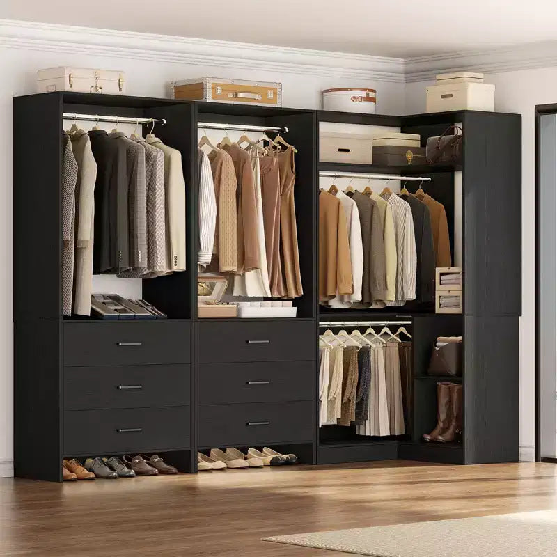 Besiost 81-Sistema di armadio a muro con cassetti in legno, organizer per angolo armadio con aste appendiabiti
