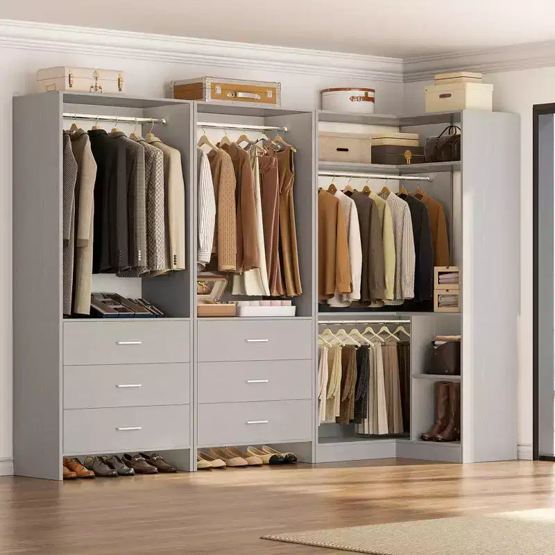 Besiost 81-Sistema di armadio a muro con cassetti in legno, organizer per angolo armadio con aste appendiabiti
