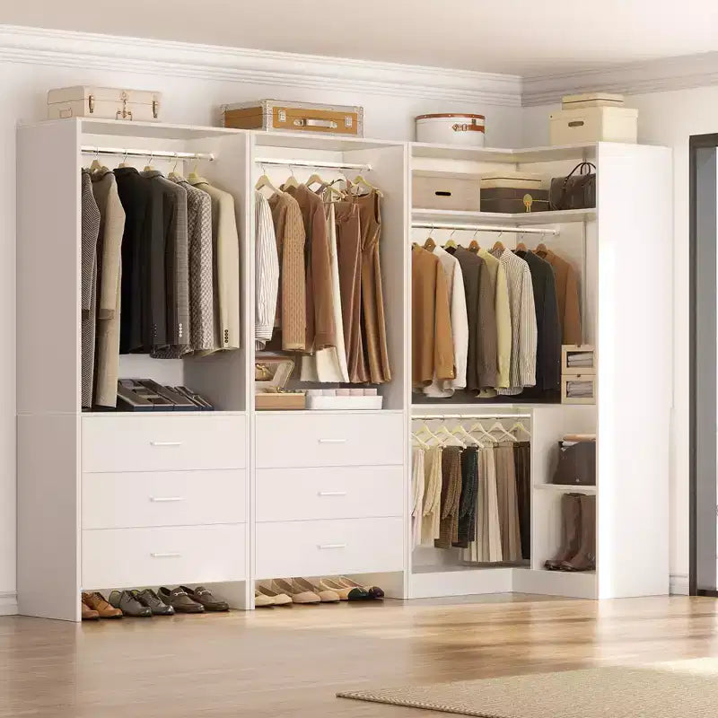 Besiost 81-Sistema di armadio a muro con cassetti in legno, organizer per angolo armadio con aste appendiabiti