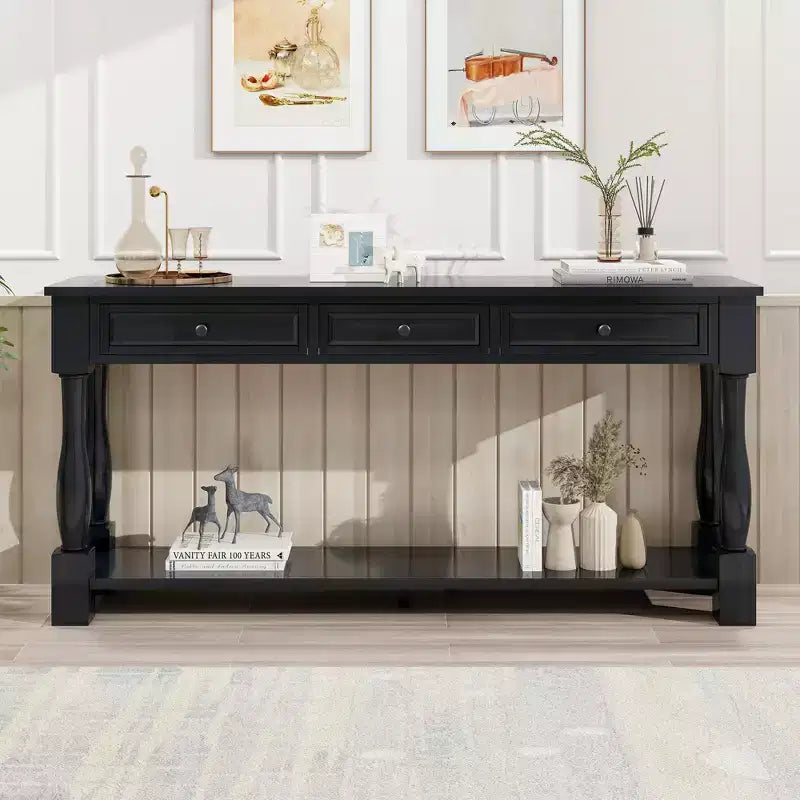 Long Narrow Console Table with Storage, Retro Wood Entryway Table with 3 Drawers and Bottom Shelf, Wood Side Table for Living Room and Hallway
