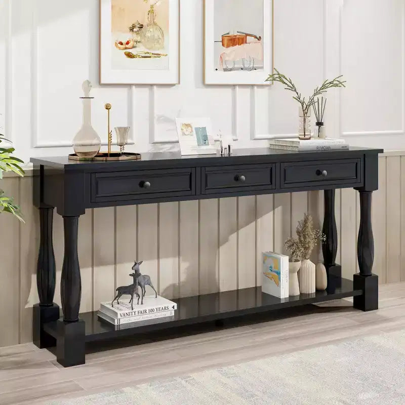 Long Narrow Console Table with Storage, Retro Wood Entryway Table with 3 Drawers and Bottom Shelf, Wood Side Table for Living Room and Hallway