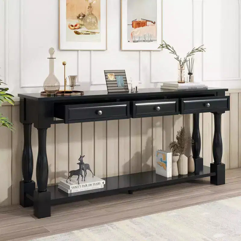 Long Narrow Console Table with Storage, Retro Wood Entryway Table with 3 Drawers and Bottom Shelf, Wood Side Table for Living Room and Hallway