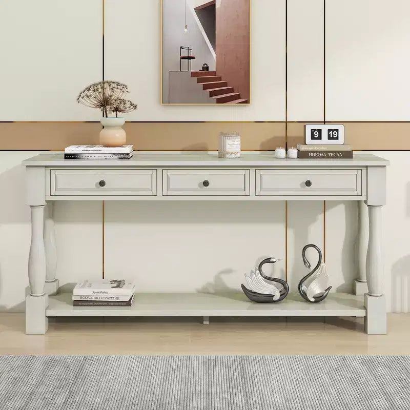 Long Narrow Console Table with Storage, Retro Wood Entryway Table with 3 Drawers and Bottom Shelf, Wood Side Table for Living Room and Hallway