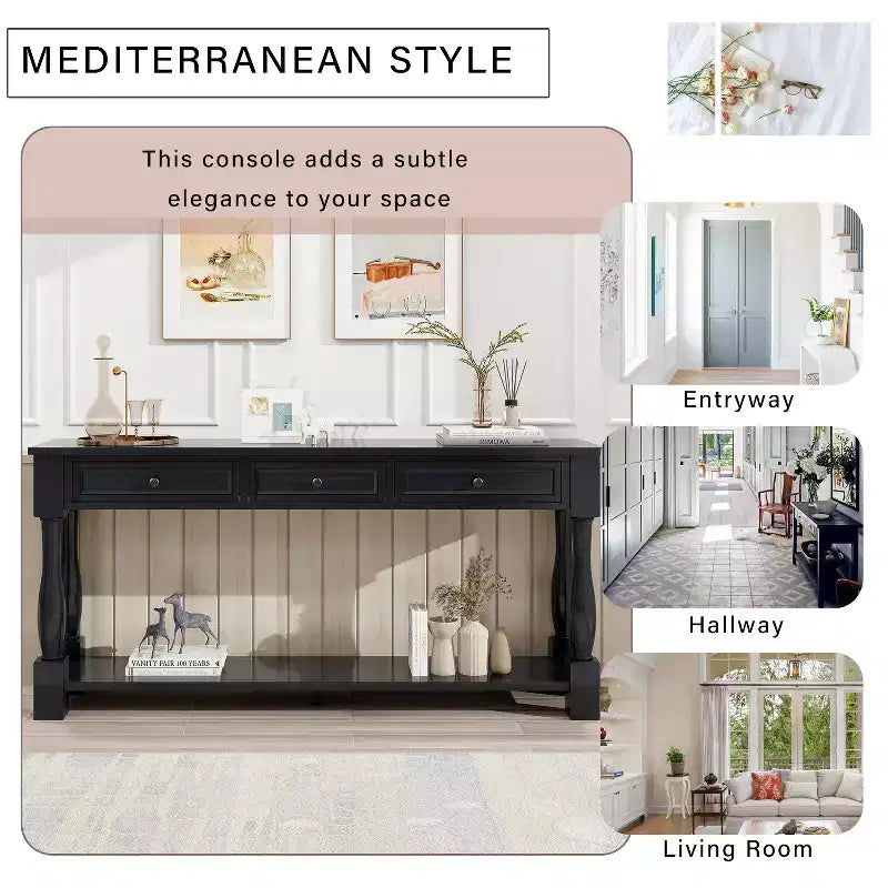 Long Narrow Console Table with Storage, Retro Wood Entryway Table with 3 Drawers and Bottom Shelf, Wood Side Table for Living Room and Hallway