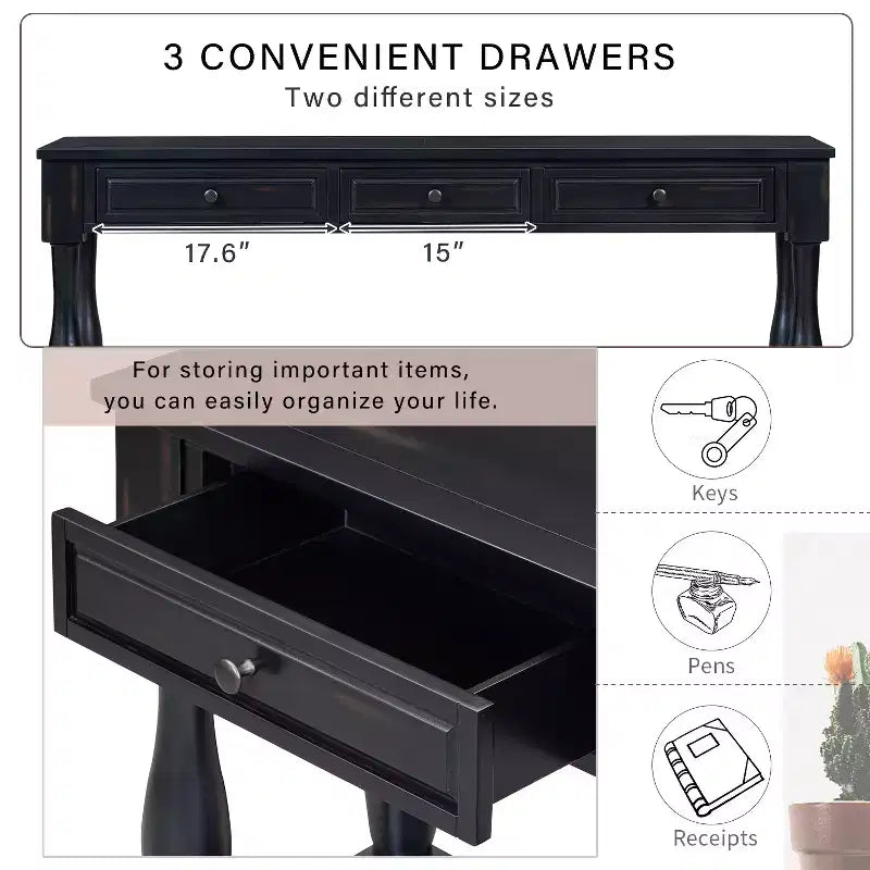 Long Narrow Console Table with Storage, Retro Wood Entryway Table with 3 Drawers and Bottom Shelf, Wood Side Table for Living Room and Hallway