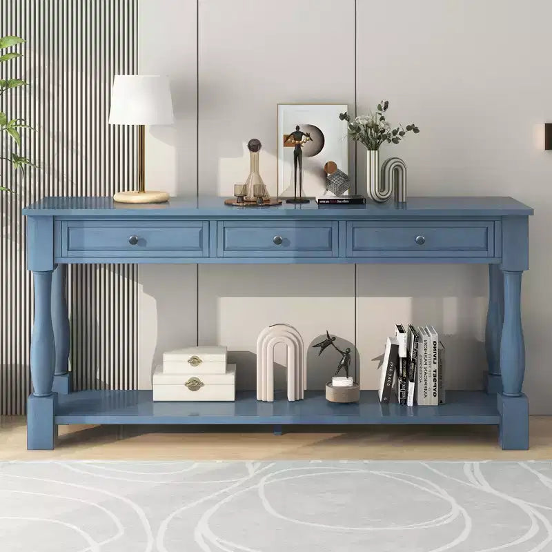 Long Narrow Console Table with Storage, Retro Wood Entryway Table with 3 Drawers and Bottom Shelf, Wood Side Table for Living Room and Hallway