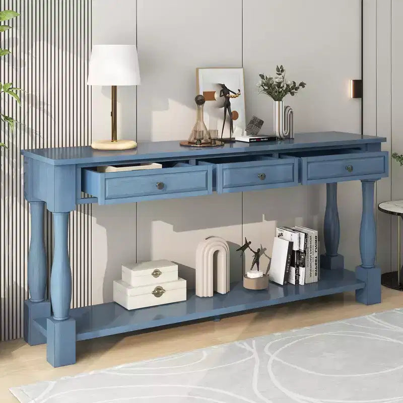 Long Narrow Console Table with Storage, Retro Wood Entryway Table with 3 Drawers and Bottom Shelf, Wood Side Table for Living Room and Hallway