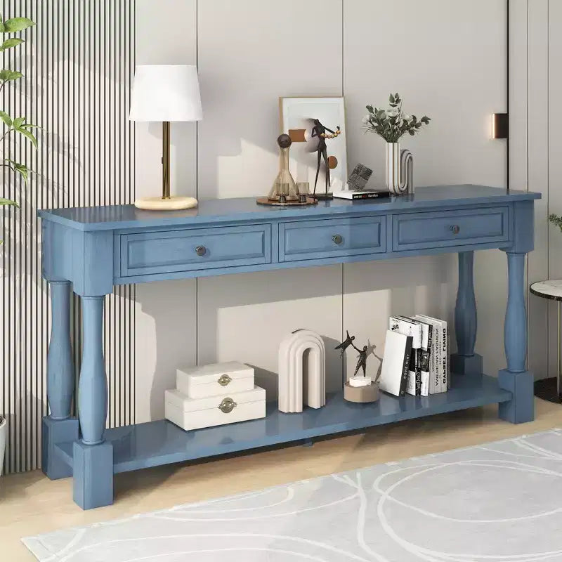Long Narrow Console Table with Storage, Retro Wood Entryway Table with 3 Drawers and Bottom Shelf, Wood Side Table for Living Room and Hallway