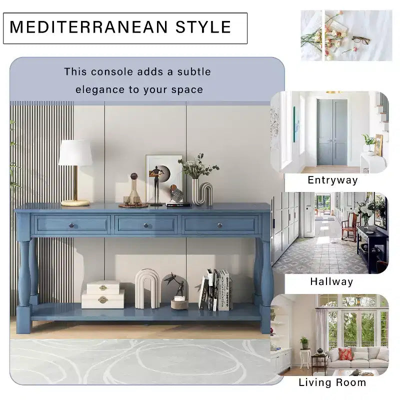 Long Narrow Console Table with Storage, Retro Wood Entryway Table with 3 Drawers and Bottom Shelf, Wood Side Table for Living Room and Hallway