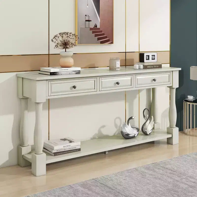 Long Narrow Console Table with Storage, Retro Wood Entryway Table with 3 Drawers and Bottom Shelf, Wood Side Table for Living Room and Hallway
