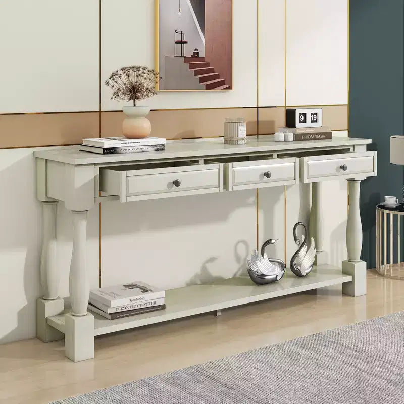 Long Narrow Console Table with Storage, Retro Wood Entryway Table with 3 Drawers and Bottom Shelf, Wood Side Table for Living Room and Hallway