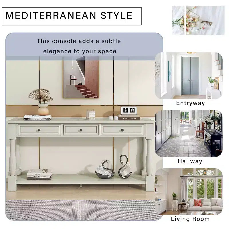 Long Narrow Console Table with Storage, Retro Wood Entryway Table with 3 Drawers and Bottom Shelf, Wood Side Table for Living Room and Hallway
