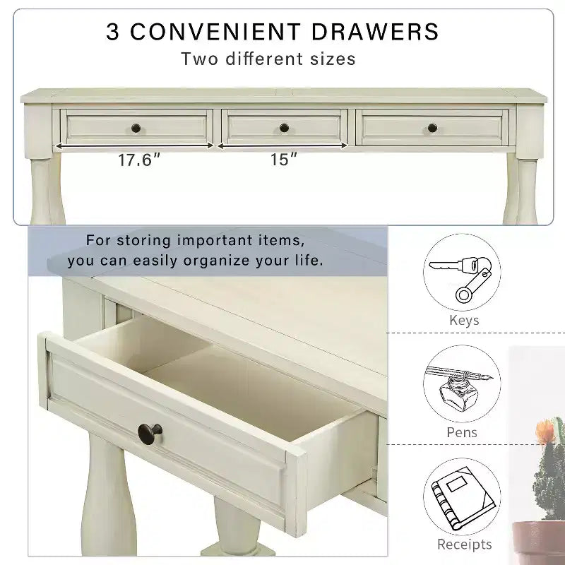 Long Narrow Console Table with Storage, Retro Wood Entryway Table with 3 Drawers and Bottom Shelf, Wood Side Table for Living Room and Hallway