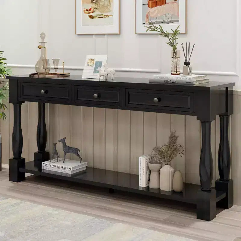 Tavolino consolle lungo e stretto con contenitore, tavolo da ingresso retrò in legno con 3 cassetti e ripiano inferiore, tavolino laterale in legno per soggiorno e corridoio