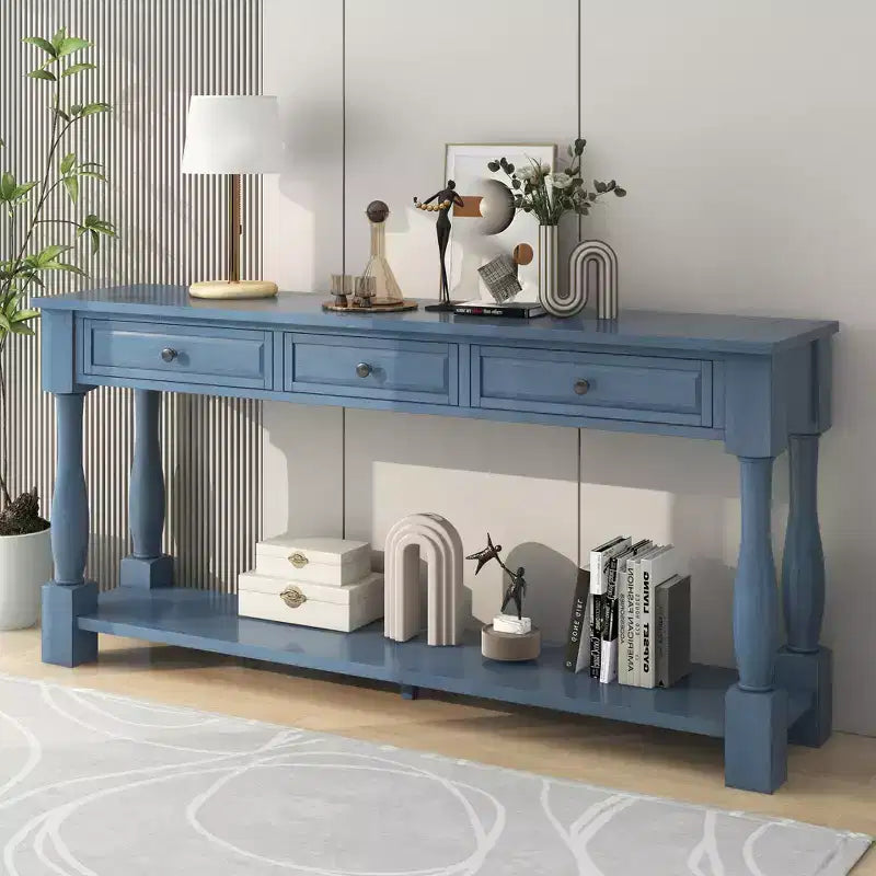 Tavolino consolle lungo e stretto con contenitore, tavolo da ingresso retrò in legno con 3 cassetti e ripiano inferiore, tavolino laterale in legno per soggiorno e corridoio