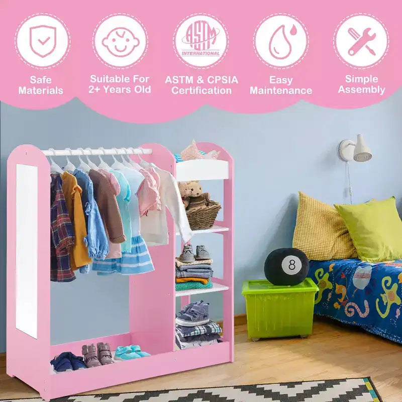Costway Kids Dress up Storage Hanging Armoire Dresser Costume Closet w/ Mirror Shelves