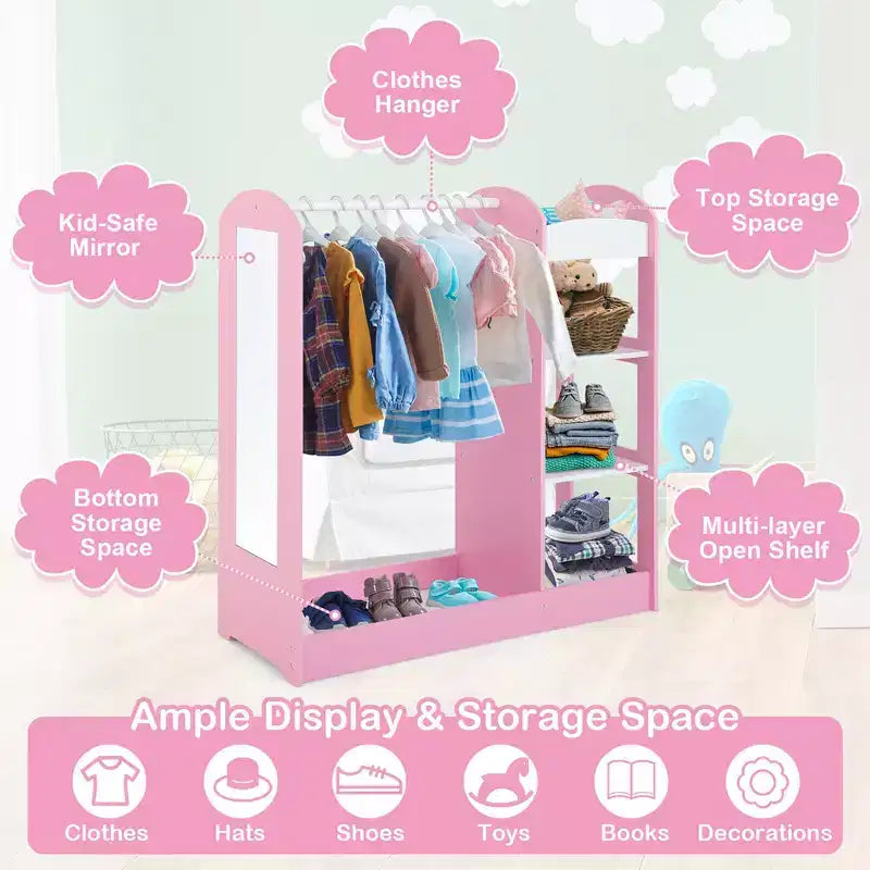 Costway Kids Dress up Storage Hanging Armoire Dresser Costume Closet w/ Mirror Shelves