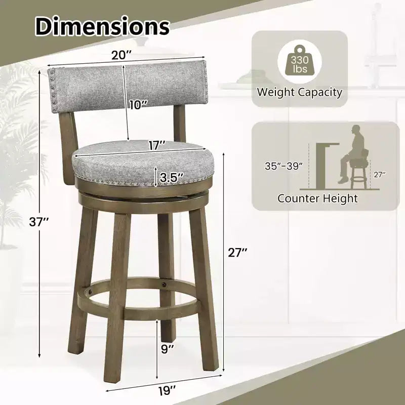 Costway Set di 2 Sgabelli da Bar Girevoli Imbottiti, Sedie da Cucina in Legno Altezza Contatore, Grigio