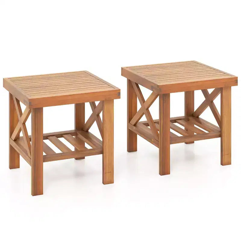 Costway 2PCS Outdoor Side Table Acacia Wood Adirondack Table w/ Storage Shelf Natural