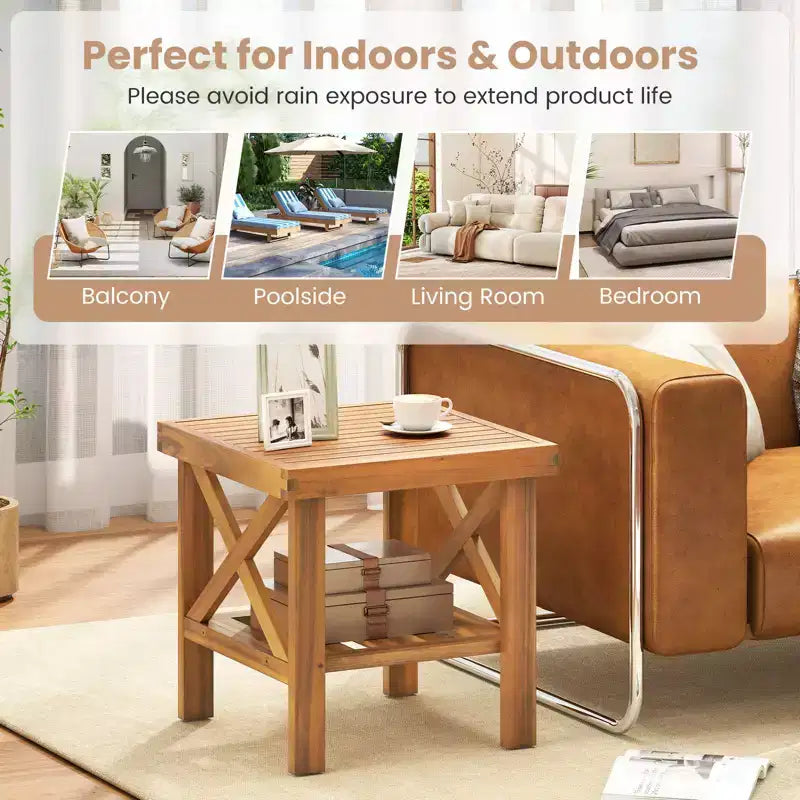 Costway 2PCS Outdoor Side Table Acacia Wood Adirondack Table w/ Storage Shelf Natural