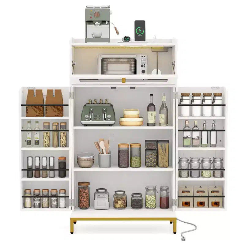 Costway Kitchen Pantry Cabinet Power Outlet & APP Control LED Lights Acrylic Flip Door