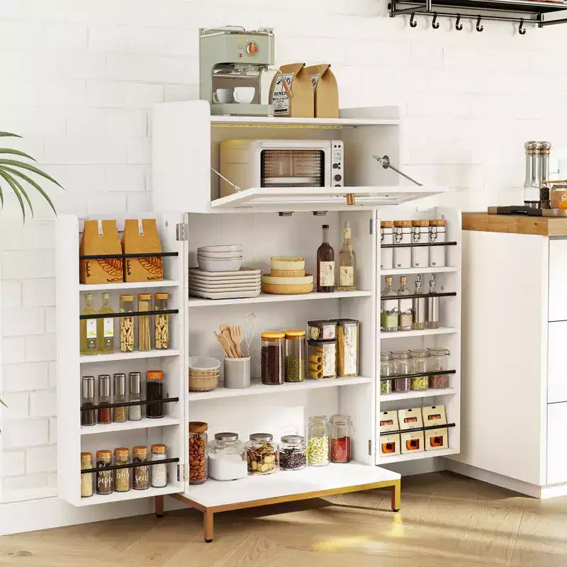Costway Kitchen Pantry Cabinet Power Outlet & APP Control LED Lights Acrylic Flip Door