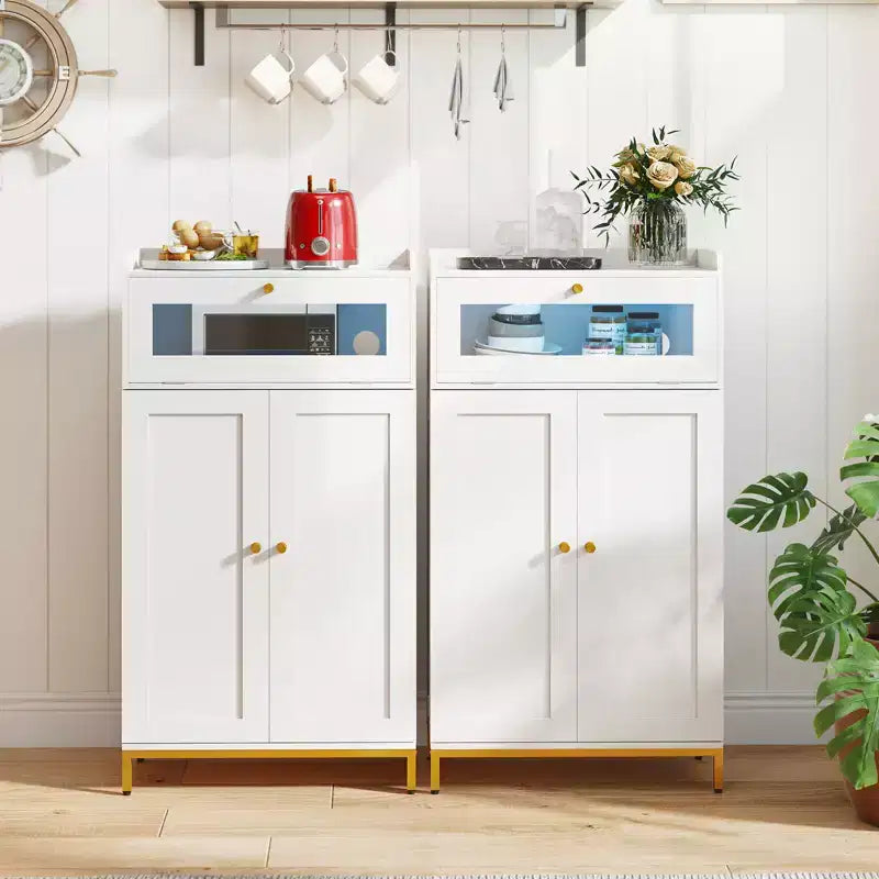 Costway Kitchen Pantry Cabinet Power Outlet & APP Control LED Lights Acrylic Flip Door