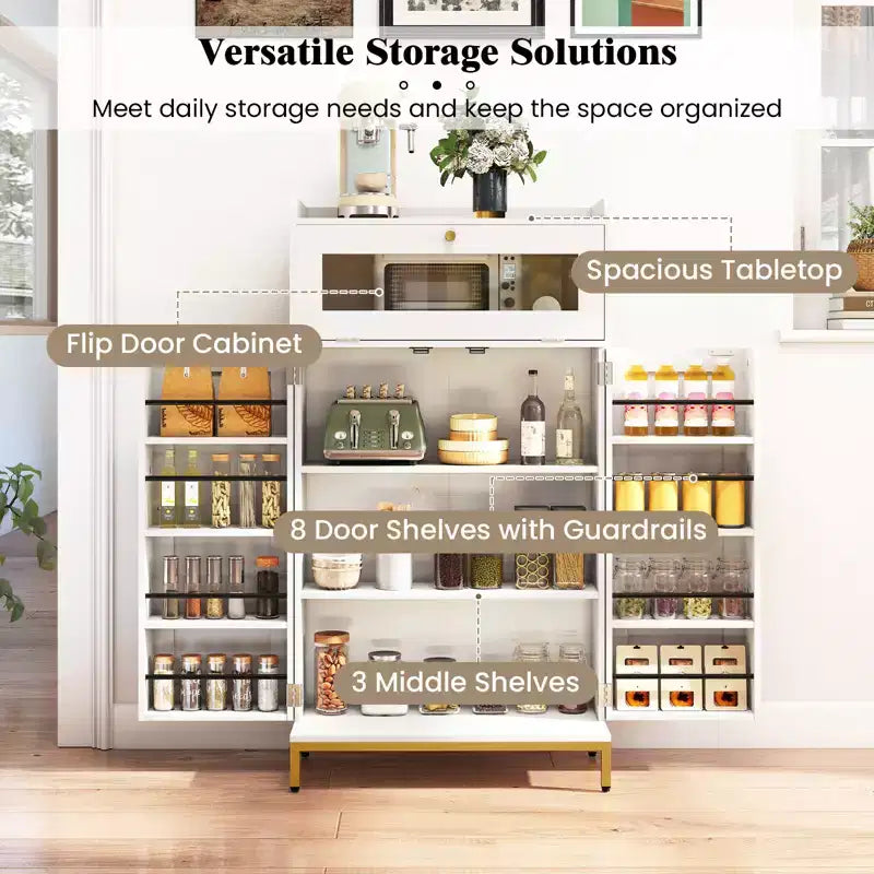 Costway Kitchen Pantry Cabinet Power Outlet & APP Control LED Lights Acrylic Flip Door
