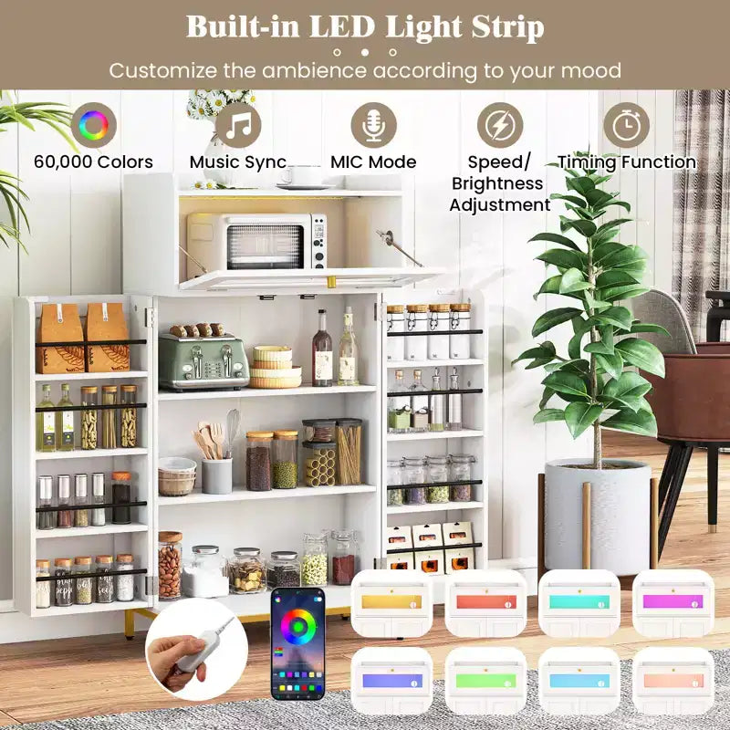 Costway Kitchen Pantry Cabinet Power Outlet & APP Control LED Lights Acrylic Flip Door