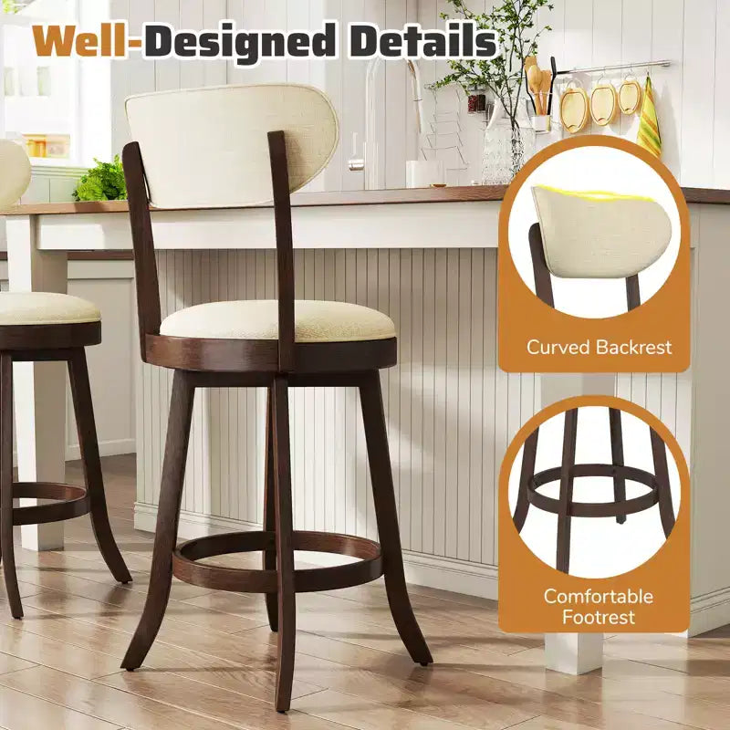 Costway 25.5 Counter Height Chairs Set of 2 w/ Padded Seat & Backrest Rubber Wood