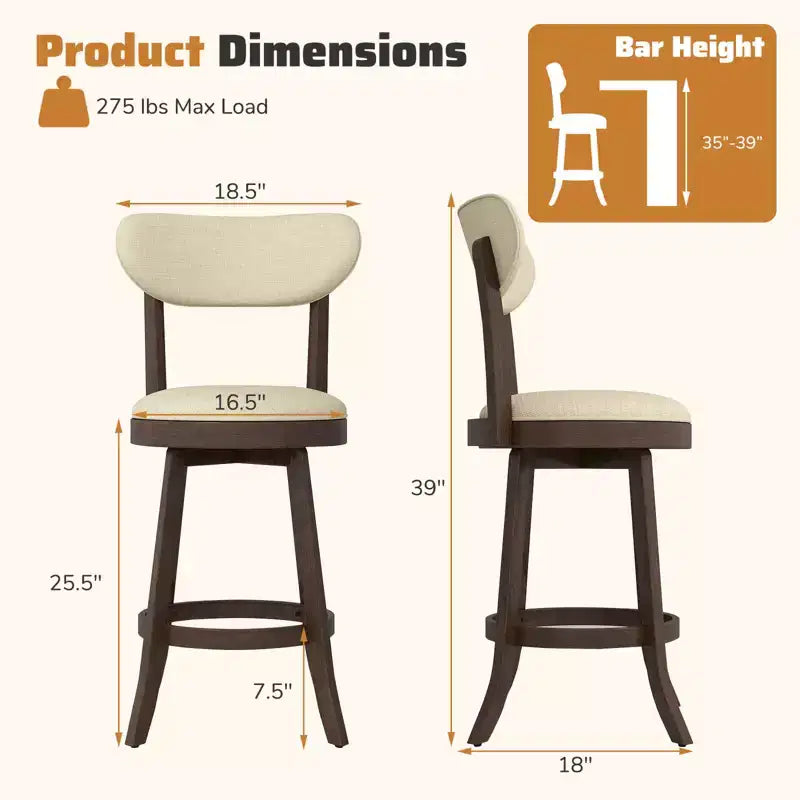 Costway 25.5 Counter Height Chairs Set of 2 w/ Padded Seat & Backrest Rubber Wood