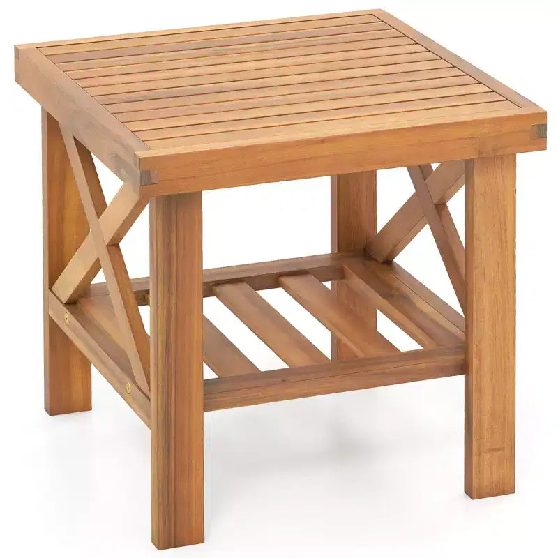 Costway Outdoor Side Table Acacia Wood Adirondack Table w/ Storage Shelf Natural