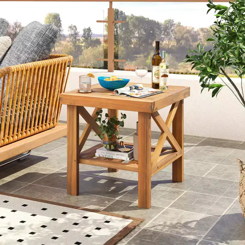 Costway Outdoor Side Table Acacia Wood Adirondack Table w/ Storage Shelf Natural