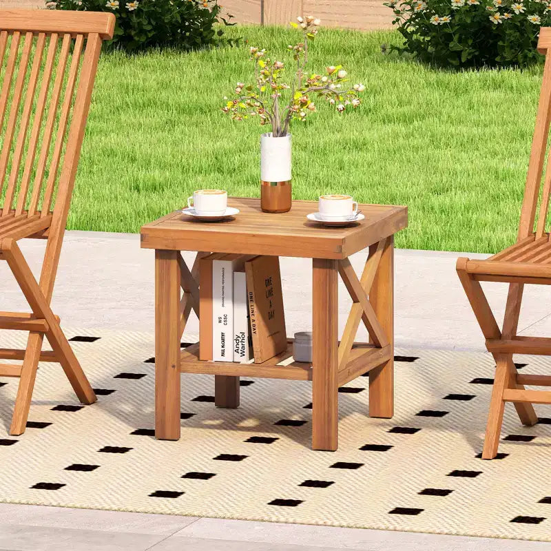 Costway Outdoor Side Table Acacia Wood Adirondack Table w/ Storage Shelf Natural