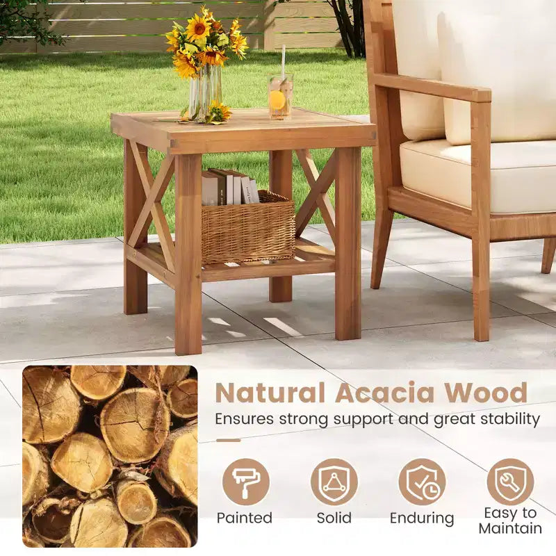 Costway Outdoor Side Table Acacia Wood Adirondack Table w/ Storage Shelf Natural