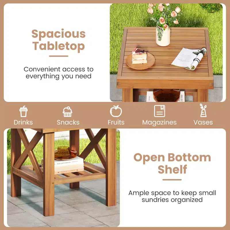 Costway Outdoor Side Table Acacia Wood Adirondack Table w/ Storage Shelf Natural