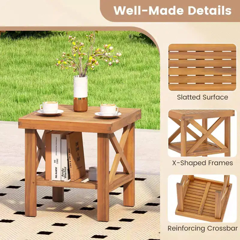 Costway Outdoor Side Table Acacia Wood Adirondack Table w/ Storage Shelf Natural