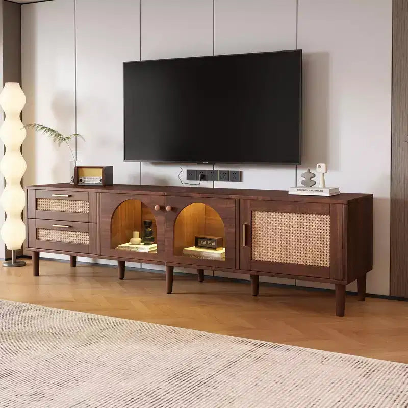 Rattan TV Stand with LED Light for 80 inch TV, Wood TV Storage Cabinet with Glass Doors and 2 Drawer, Media Console with Solid Wood Legs, Dark Brown