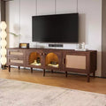 Rattan TV Stand with LED Light for 80 inch TV, Wood TV Storage Cabinet with Glass Doors and 2 Drawer, Media Console with Solid Wood Legs, Dark Brown