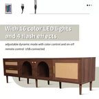Mobile TV in Rattan con Luce LED per TV da 80 pollici, Mobile TV in Legno con Ante in Vetro e 2 Cassetti, Consolle Multimediale con Gambe in Legno Massello, Marrone Scuro
