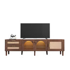 Mobile TV in Rattan con Luce LED per TV da 80 pollici, Mobile TV in Legno con Ante in Vetro e 2 Cassetti, Consolle Multimediale con Gambe in Legno Massello, Marrone Scuro