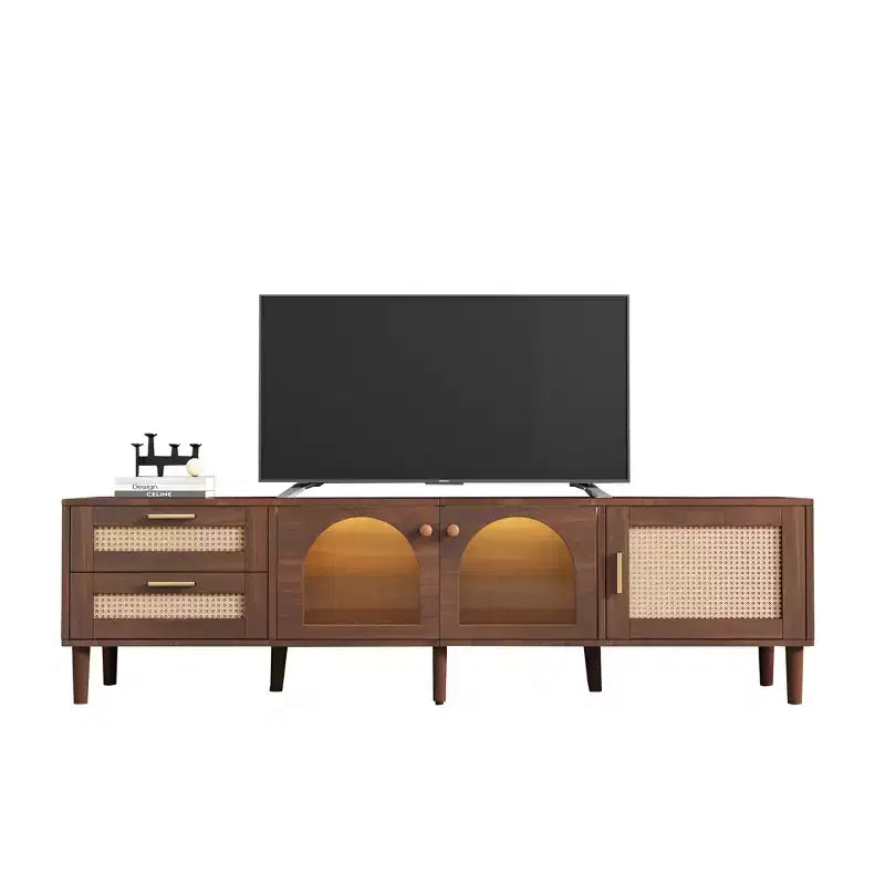 Mobile TV in Rattan con Luce LED per TV da 80 pollici, Mobile TV in Legno con Ante in Vetro e 2 Cassetti, Consolle Multimediale con Gambe in Legno Massello, Marrone Scuro