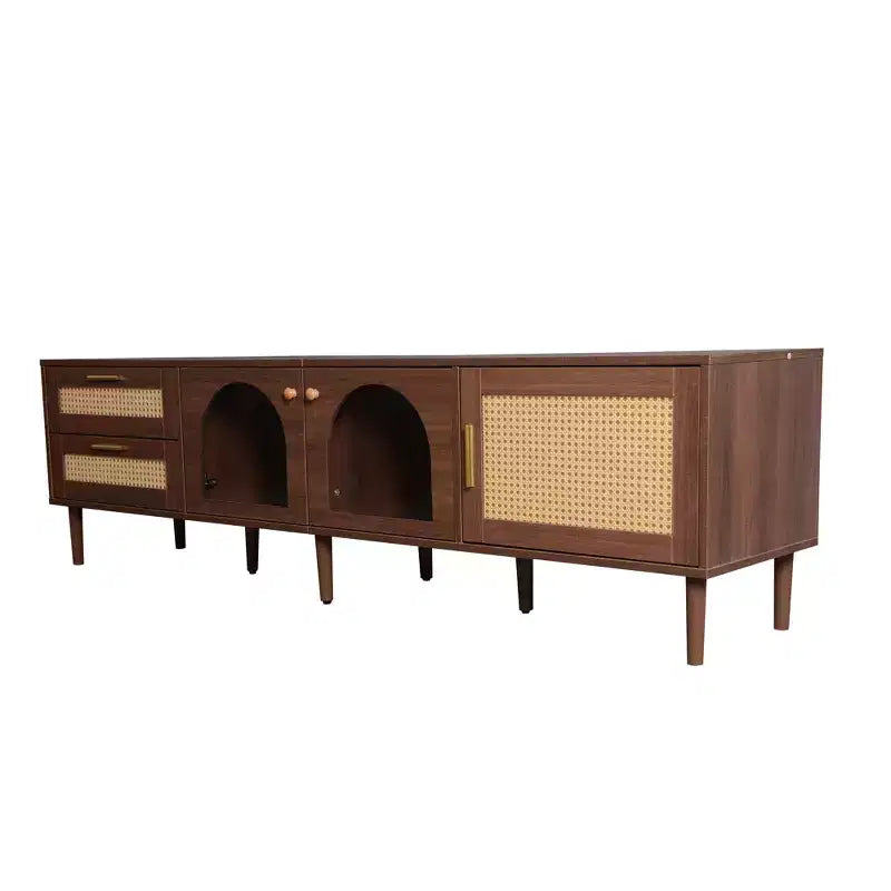 Mobile TV in Rattan con Luce LED per TV da 80 pollici, Mobile TV in Legno con Ante in Vetro e 2 Cassetti, Consolle Multimediale con Gambe in Legno Massello, Marrone Scuro